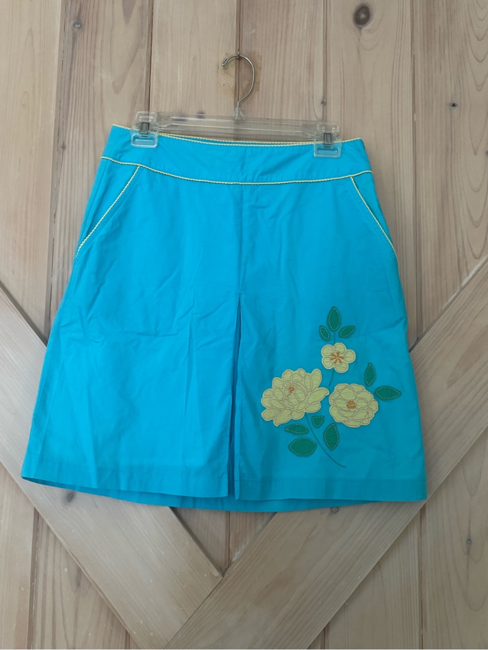 L.L. Bean Turquoise A-Line Skirt with Yellow Floral Appliqué